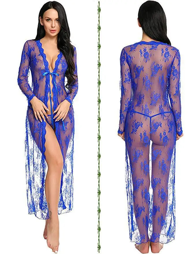 Toucheart Lace Mesh Transparent Robe Nightgown See-Through Lace Printing Deep V-Neck Home Ultrathin Nightgown