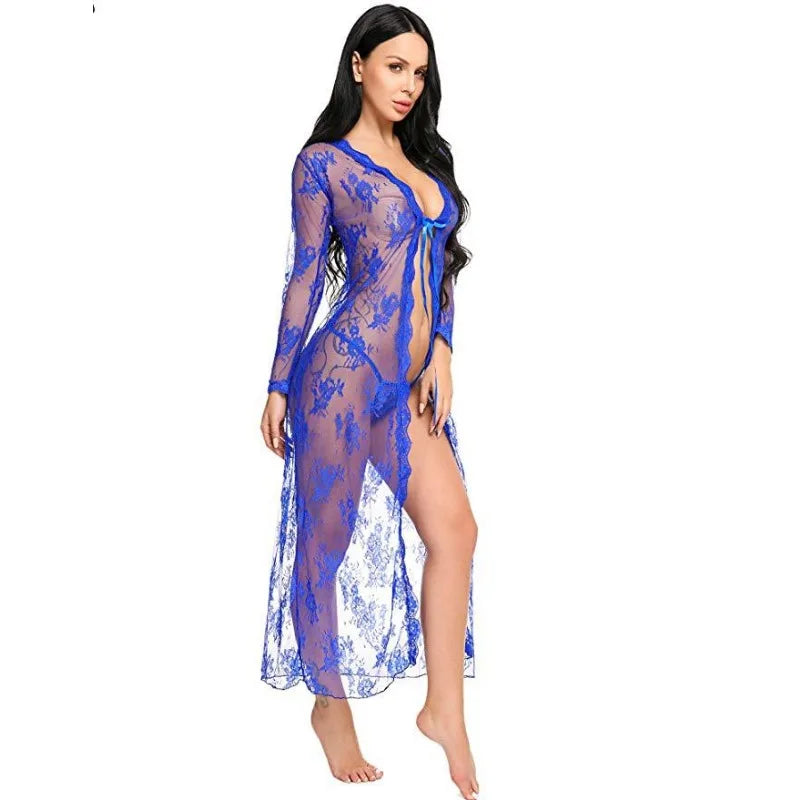 Toucheart Lace Mesh Transparent Robe Nightgown See-Through Lace Printing Deep V-Neck Home Ultrathin Nightgown