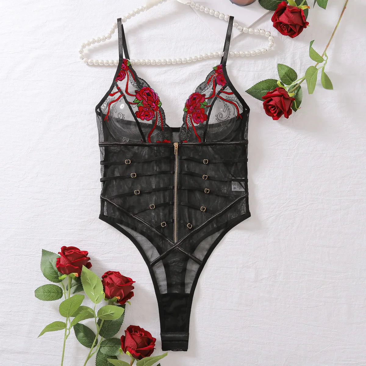 Toucheart Lace Mesh Transparent Underwear V-Neck Suspender Bodysuit With Zipper Exotic Printing Jumpsuit