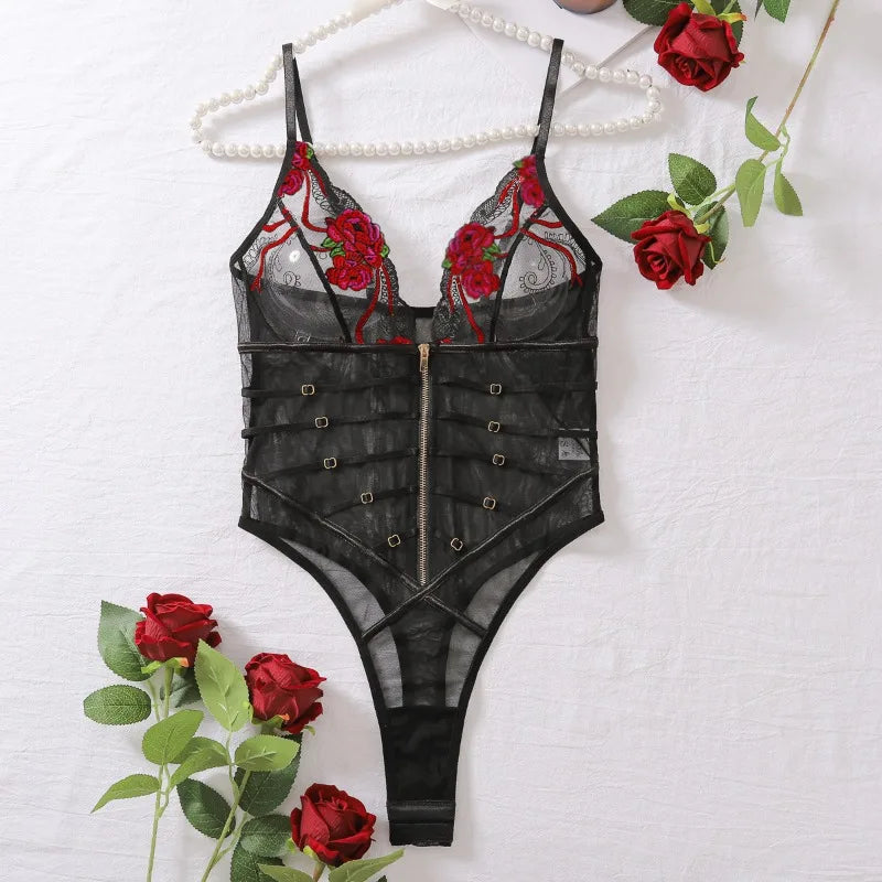Toucheart Lace Mesh Transparent Underwear V-Neck Suspender Bodysuit With Zipper Exotic Printing Jumpsuit