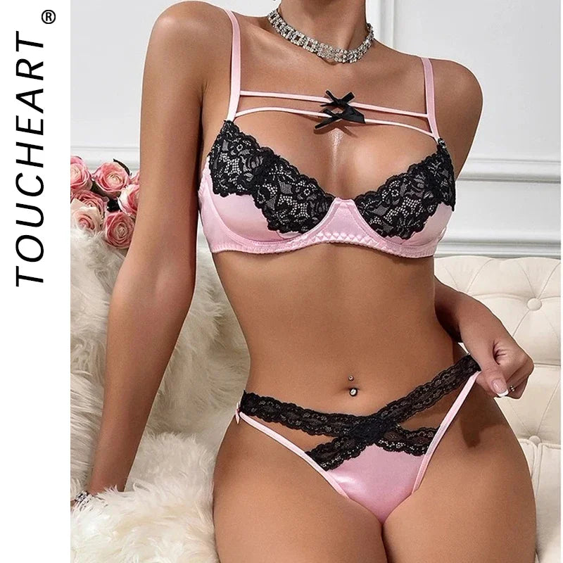 Toucheart Lace Pink Lace Bra Thong Underwear Set Bow Knot Black Lace Up Lingerie Set