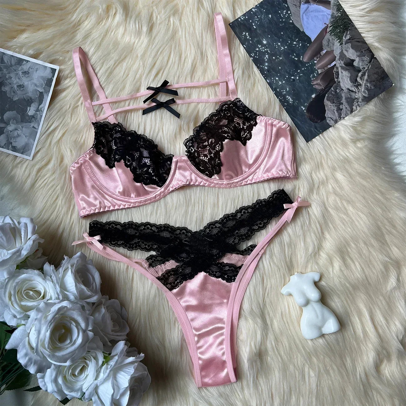 Toucheart Lace Pink Lace Bra Thong Underwear Set Bow Knot Black Lace Up Lingerie Set