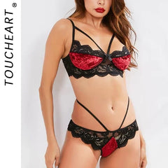 Toucheart Lace Lingerie Mesh Perspective Underwear Set Contrast Color Bra Suit