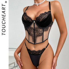 Toucheart Lace Steel Ring Lingerie Thong See-through Embroidery Erotic Underwear Set