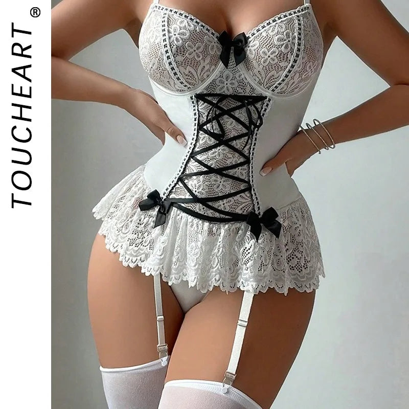 Toucheart Lace Underwear Jumpsuit Set Mesh Splicing Temptation Bodysuit Thong Two-piece Set Lingerie Suit