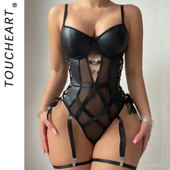 Toucheart Leather Lace Paneled See-Through Pajamas Skin Bodysuit Mesh Lace Up One Piece Sleeveless Latex Bodys Lingerie