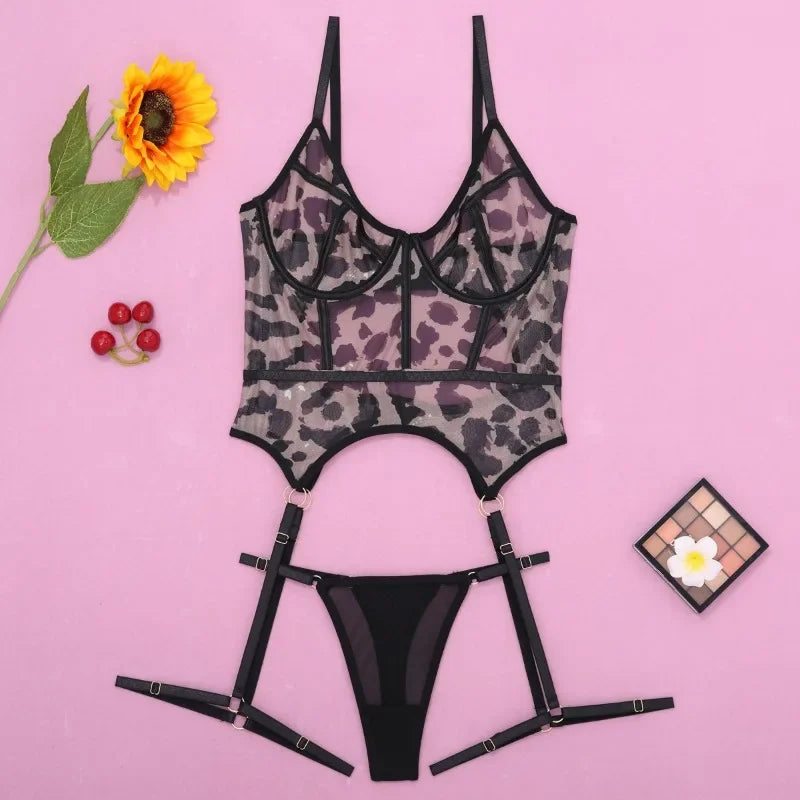 Toucheart Leopard Print Jumpsuit Mesh See-Through Body Shaping Suit Garters Suspender Bra Set