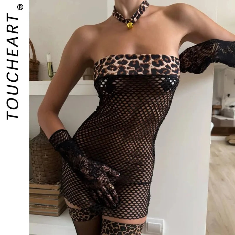Toucheart Leopard Print Lace Uniform Underwear See-through Bodycon Dress Mesh Set