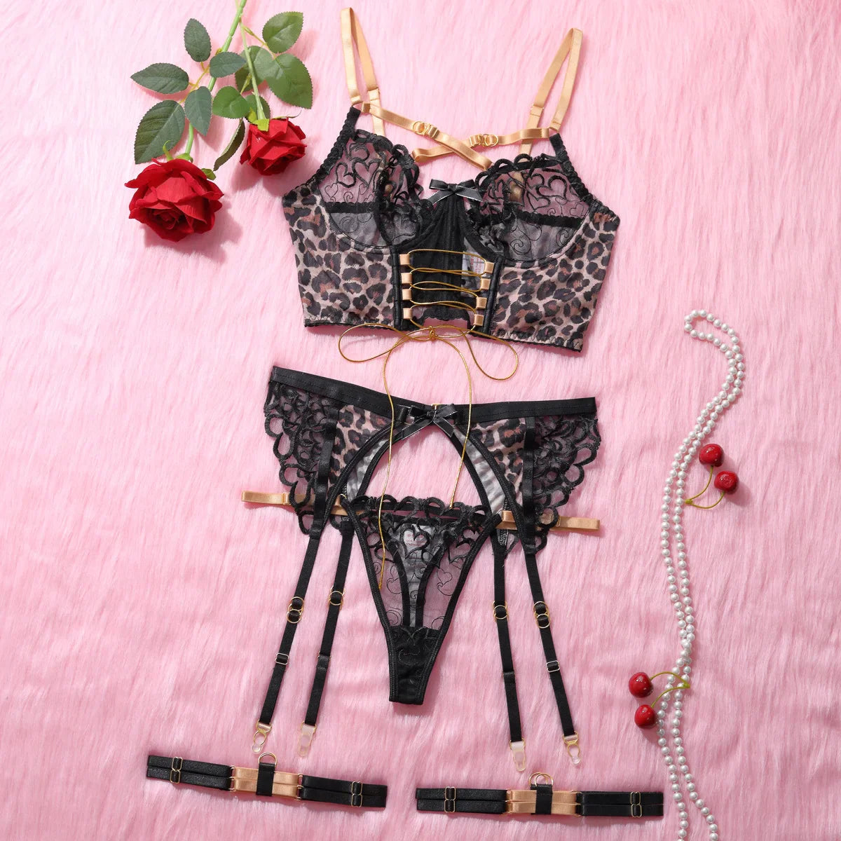 Toucheart Leopard Print Underwear Suit Lace Lace Up Mesh See-through Garters Lingerie Suit