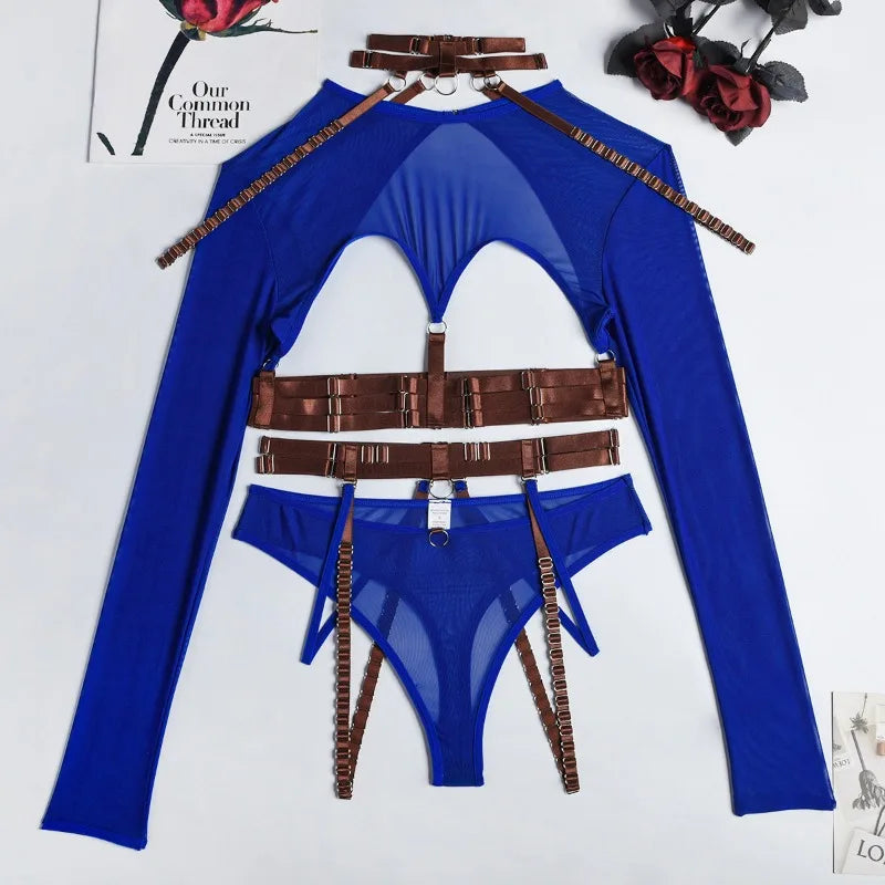 Toucheart Lingerie 3-Piece Set Mesh Material Halter Girdle Kit Mesh Long Sleeves Underwear Suit