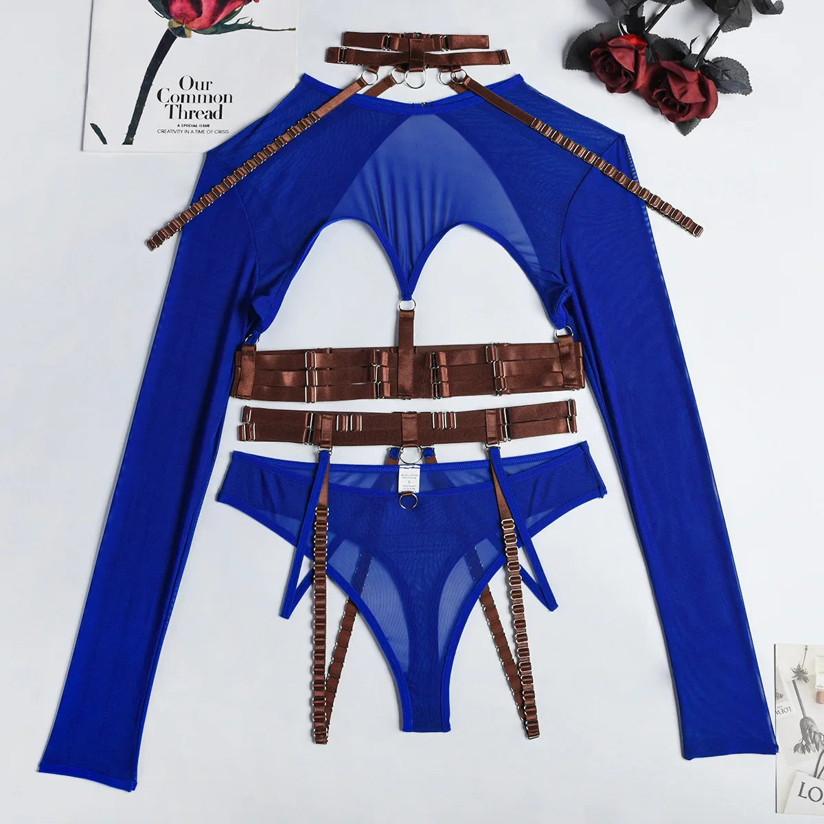 Toucheart Lingerie 3-Piece Set Mesh Material Halter Girdle Kit Mesh Long Sleeves Underwear Suit