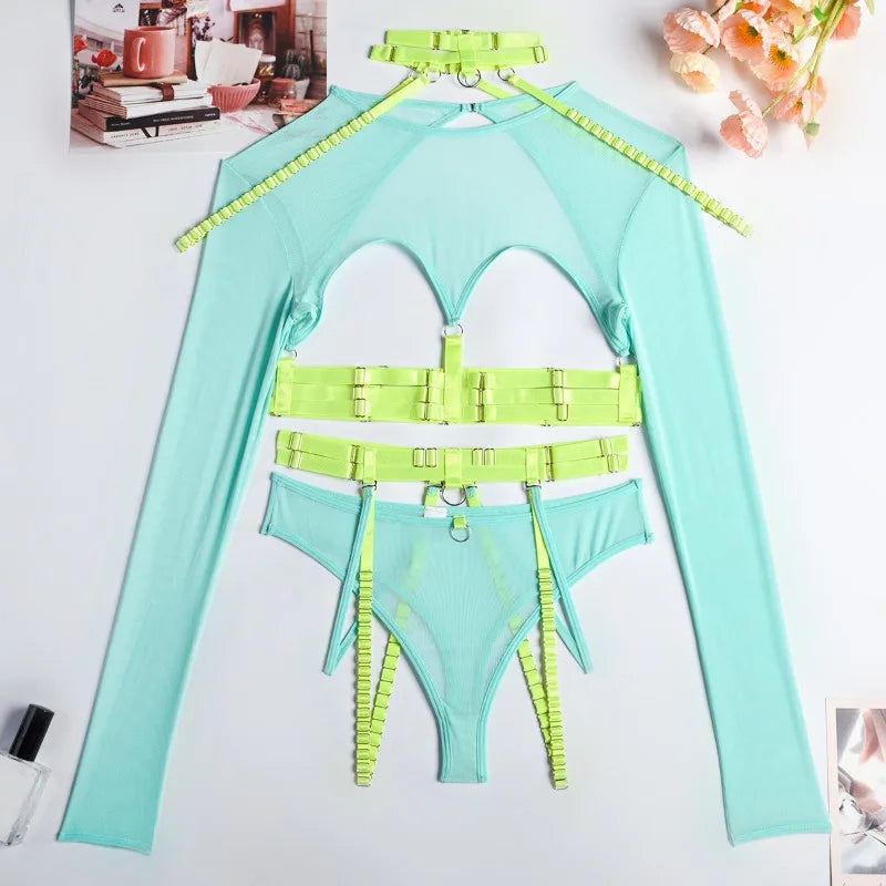 Toucheart Lingerie 3-Piece Set Mesh Material Halter Girdle Kit Mesh Long Sleeves Underwear Suit