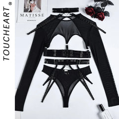 Toucheart Lingerie 3-Piece Set Mesh Material Halter Girdle Kit Mesh Long Sleeves Underwear Suit