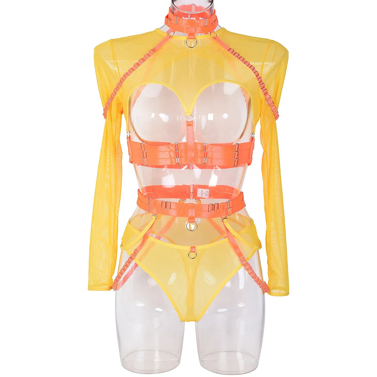 Toucheart Lingerie 3-Piece Set Mesh Material Halter Girdle Kit Mesh Long Sleeves Underwear Suit