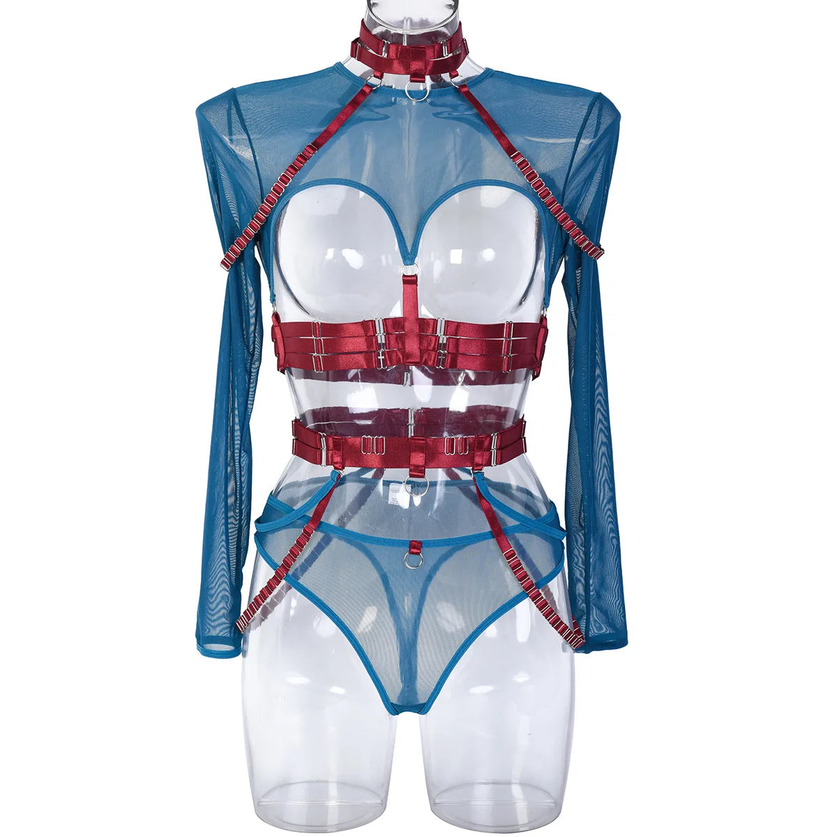 Toucheart Lingerie 3-Piece Set Mesh Material Halter Girdle Kit Mesh Long Sleeves Underwear Suit