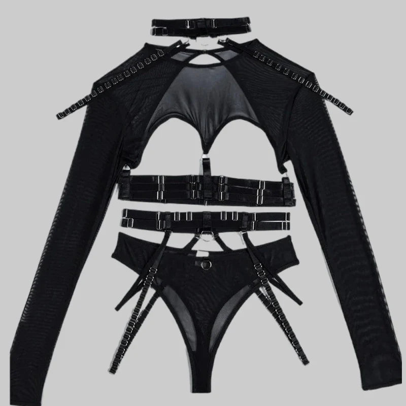 Toucheart Lingerie 3-Piece Set Mesh Material Halter Girdle Kit Mesh Long Sleeves Underwear Suit