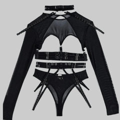 Toucheart Lingerie 3-Piece Set Mesh Material Halter Girdle Kit Mesh Long Sleeves Underwear Suit