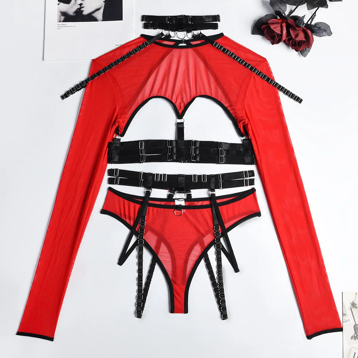 Toucheart Lingerie 3-Piece Set Mesh Material Halter Girdle Kit Mesh Long Sleeves Underwear Suit