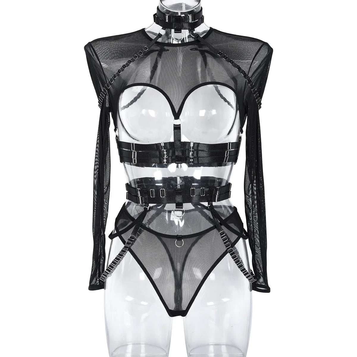 Toucheart Lingerie 3-Piece Set Mesh Material Halter Girdle Kit Mesh Long Sleeves Underwear Suit