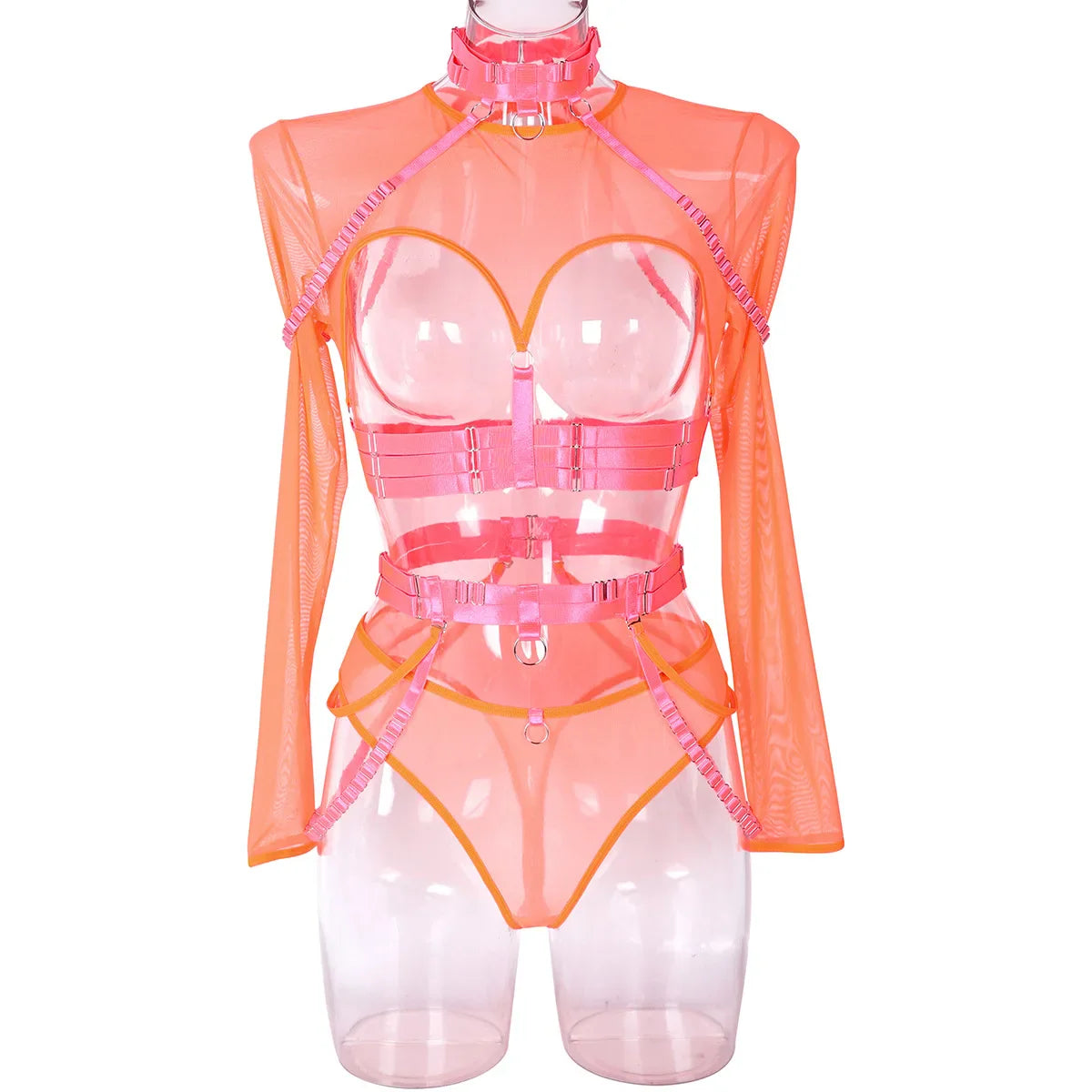 Toucheart Lingerie 3-Piece Set Mesh Material Halter Girdle Kit Mesh Long Sleeves Underwear Suit