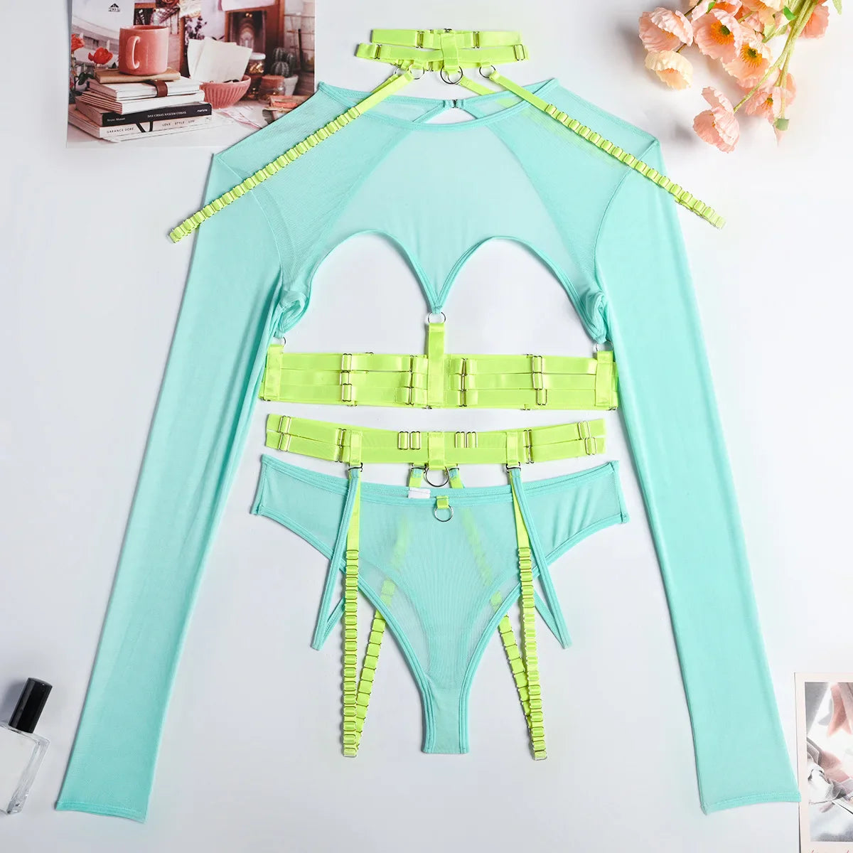 Toucheart Lingerie 3-Piece Set Mesh Material Halter Girdle Kit Mesh Long Sleeves Underwear Suit