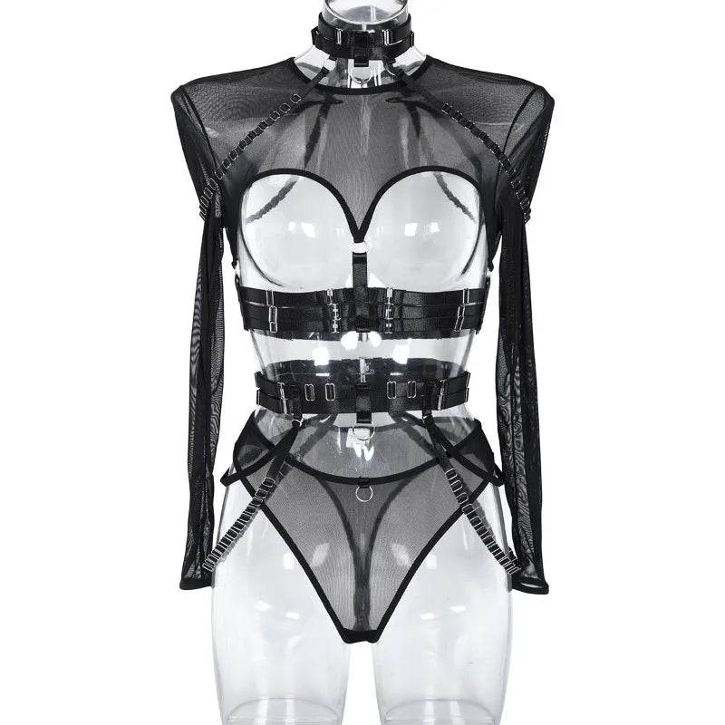 Toucheart Lingerie 3-Piece Set Mesh Material Halter Girdle Kit Mesh Long Sleeves Underwear Suit