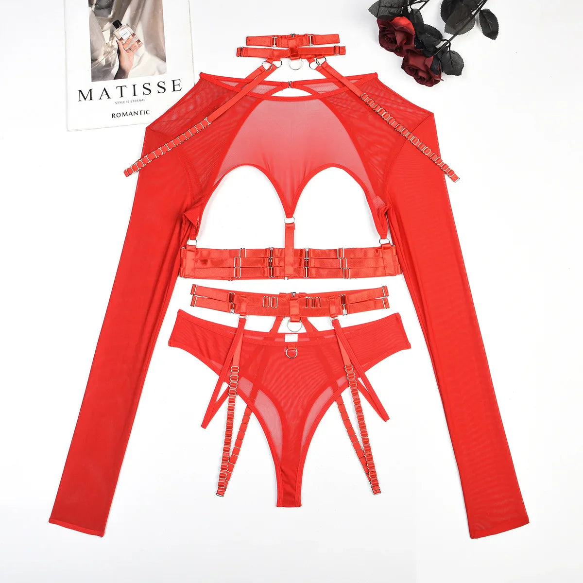 Toucheart Lingerie 3-Piece Set Mesh Material Halter Girdle Kit Mesh Long Sleeves Underwear Suit