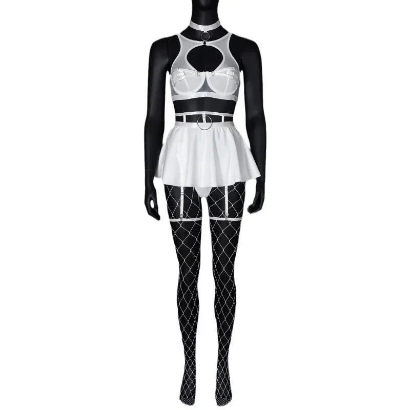 Toucheart Lingerie 4-piece Set Halter Underwear Intertwined Fishnet Leg Socks PU Metal Ring Plunge Underwear