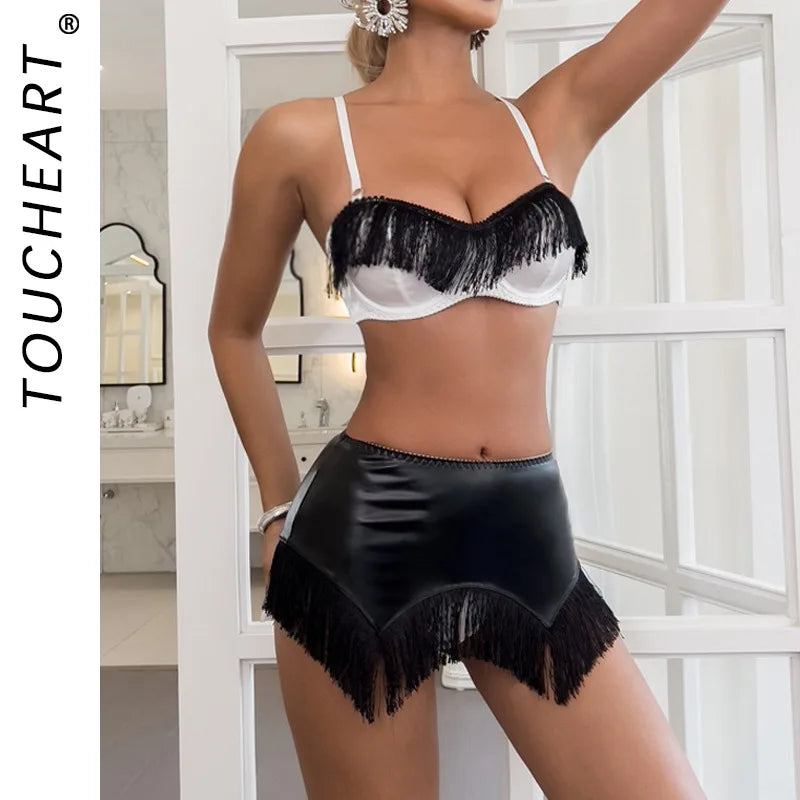 Toucheart Lingerie 4-piece Set Pu Tassel Bodycon Skirt Contrast Color Underwear Set