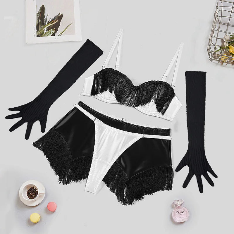 Toucheart Lingerie 4-piece Set Pu Tassel Bodycon Skirt Contrast Color Underwear Set