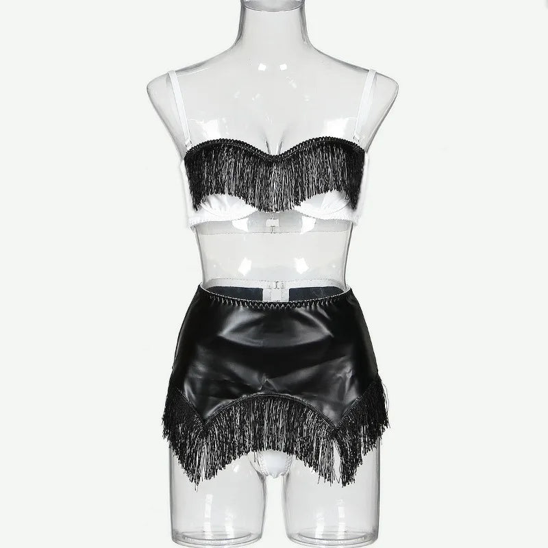 Toucheart Lingerie 4-piece Set Pu Tassel Bodycon Skirt Contrast Color Underwear Set