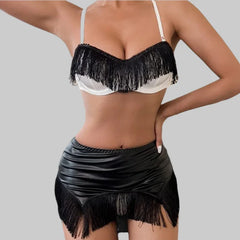 Toucheart Lingerie 4-piece Set Pu Tassel Bodycon Skirt Contrast Color Underwear Set