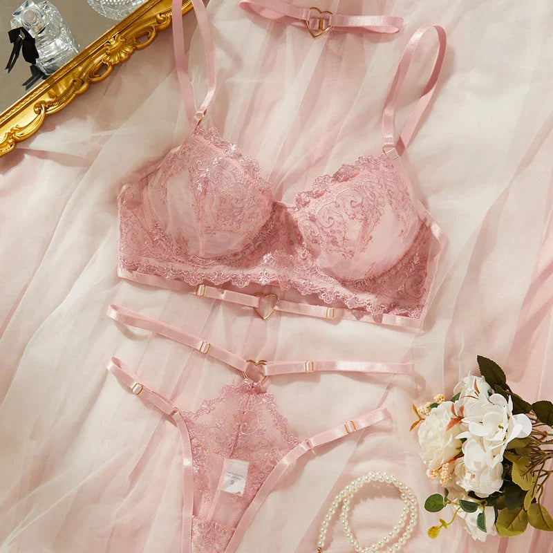 Toucheart Lingerie Comfortable Ultra-Thin Lace Printing Mesh Semi-Transparent Push-Up Pink Underwear Set