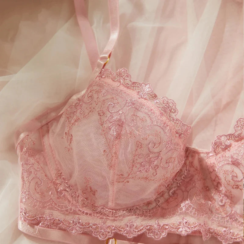 Toucheart Lingerie Comfortable Ultra-Thin Lace Printing Mesh Semi-Transparent Push-Up Pink Underwear Set
