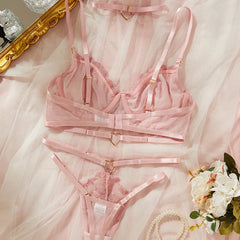 Toucheart Lingerie Comfortable Ultra-Thin Lace Printing Mesh Semi-Transparent Push-Up Pink Underwear Set
