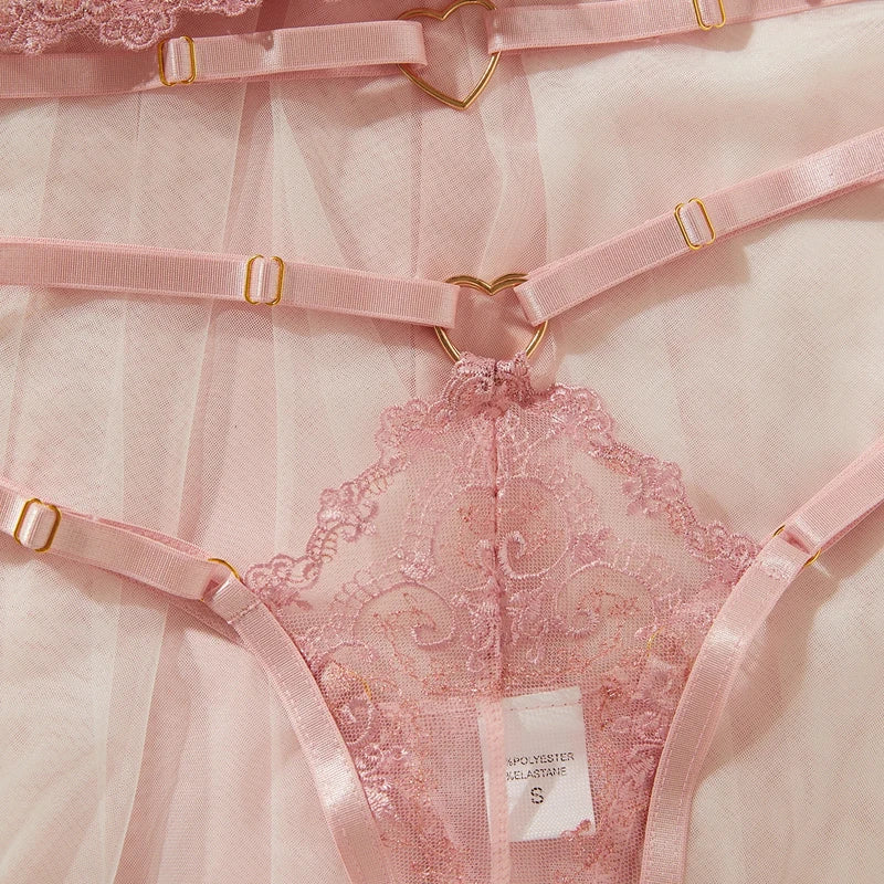 Toucheart Lingerie Comfortable Ultra-Thin Lace Printing Mesh Semi-Transparent Push-Up Pink Underwear Set