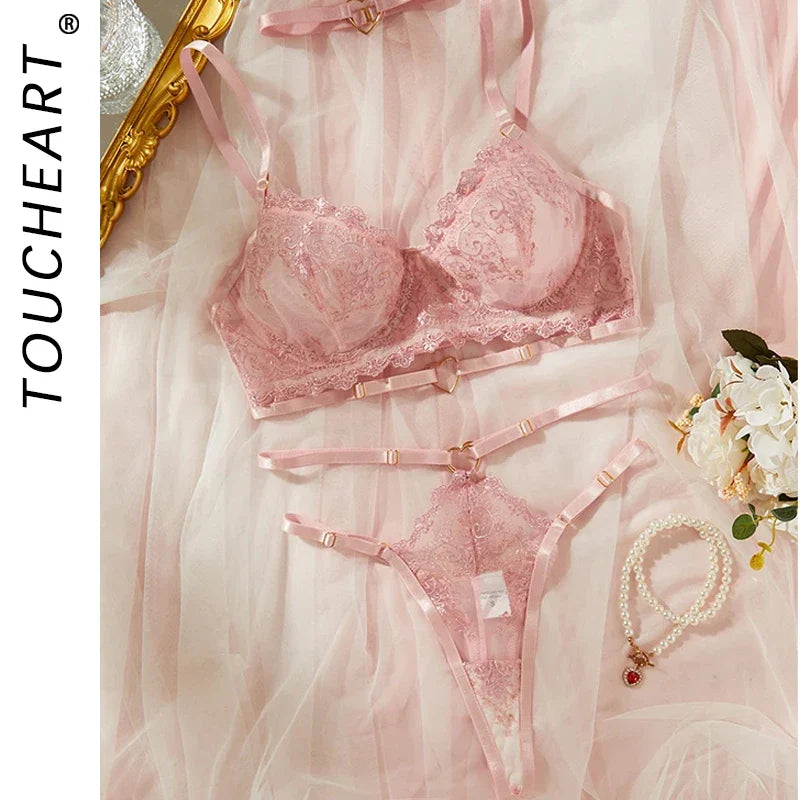 Toucheart Lingerie Comfortable Ultra-Thin Lace Printing Mesh Semi-Transparent Push-Up Pink Underwear Set