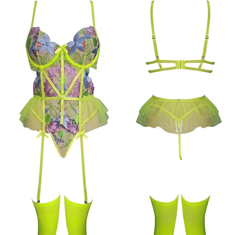 Toucheart Lingerie Embroidered Bra Set Embroidered Bra Set Backless Transparent One Piece Stockings Sex Suit