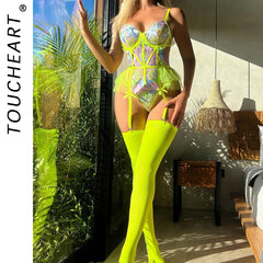 Toucheart Lingerie Embroidered Bra Set Embroidered Bra Set Backless Transparent One Piece Stockings Sex Suit