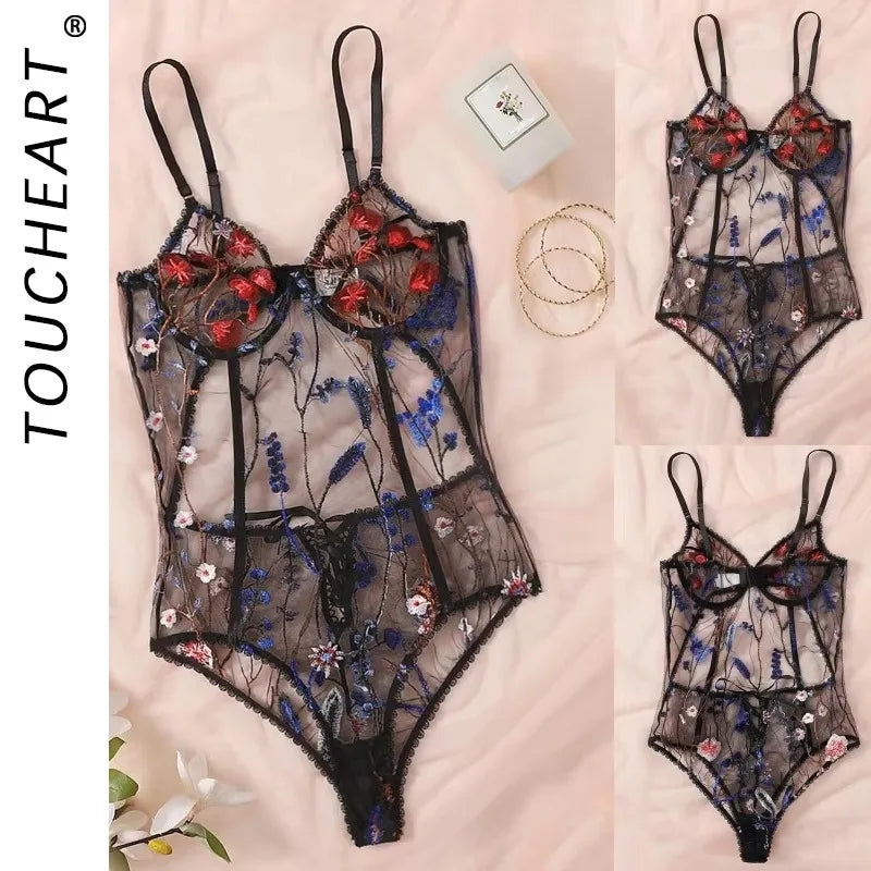 Toucheart Lingerie Embroidery Underwear Lace One-piece Suspender Nightgown Transparent Porn Female Lingerie