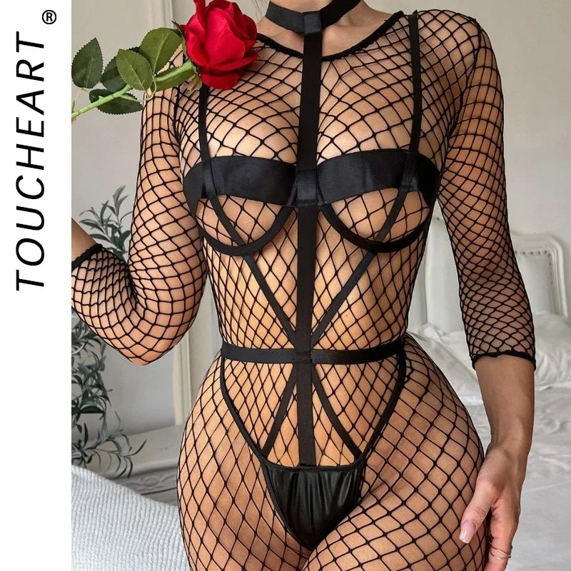 Toucheart Lingerie Fishnet Stockings Breasts Charming Stockings Temptation See-Through Jumpsuit Set
