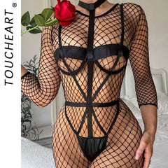 Toucheart Lingerie Fishnet Stockings Breasts Charming Stockings Temptation See-Through Jumpsuit Set