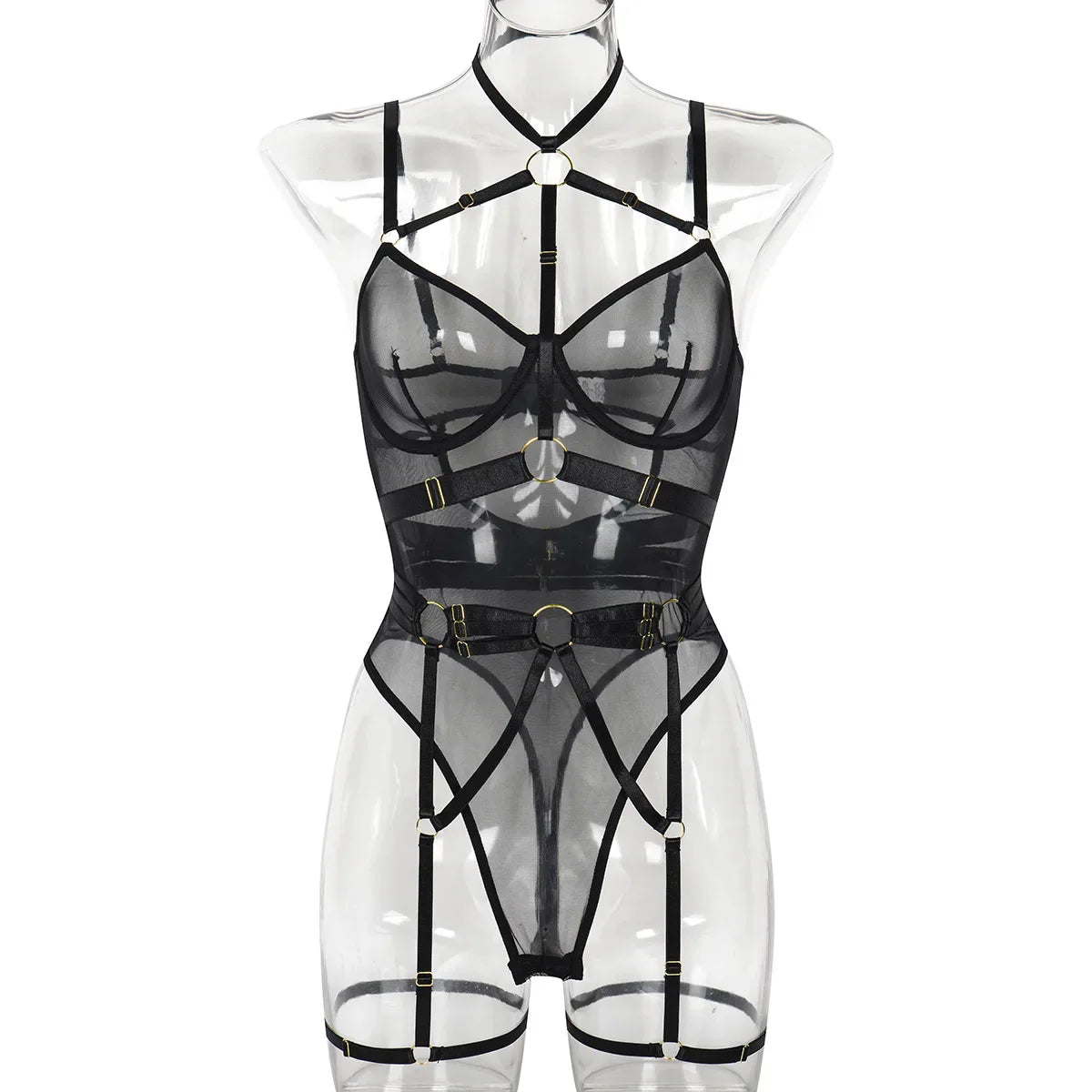 Toucheart Lingerie Leopard Print See-Through Mesh Strappy Underwire Garters Body-Shaping Bodysuit