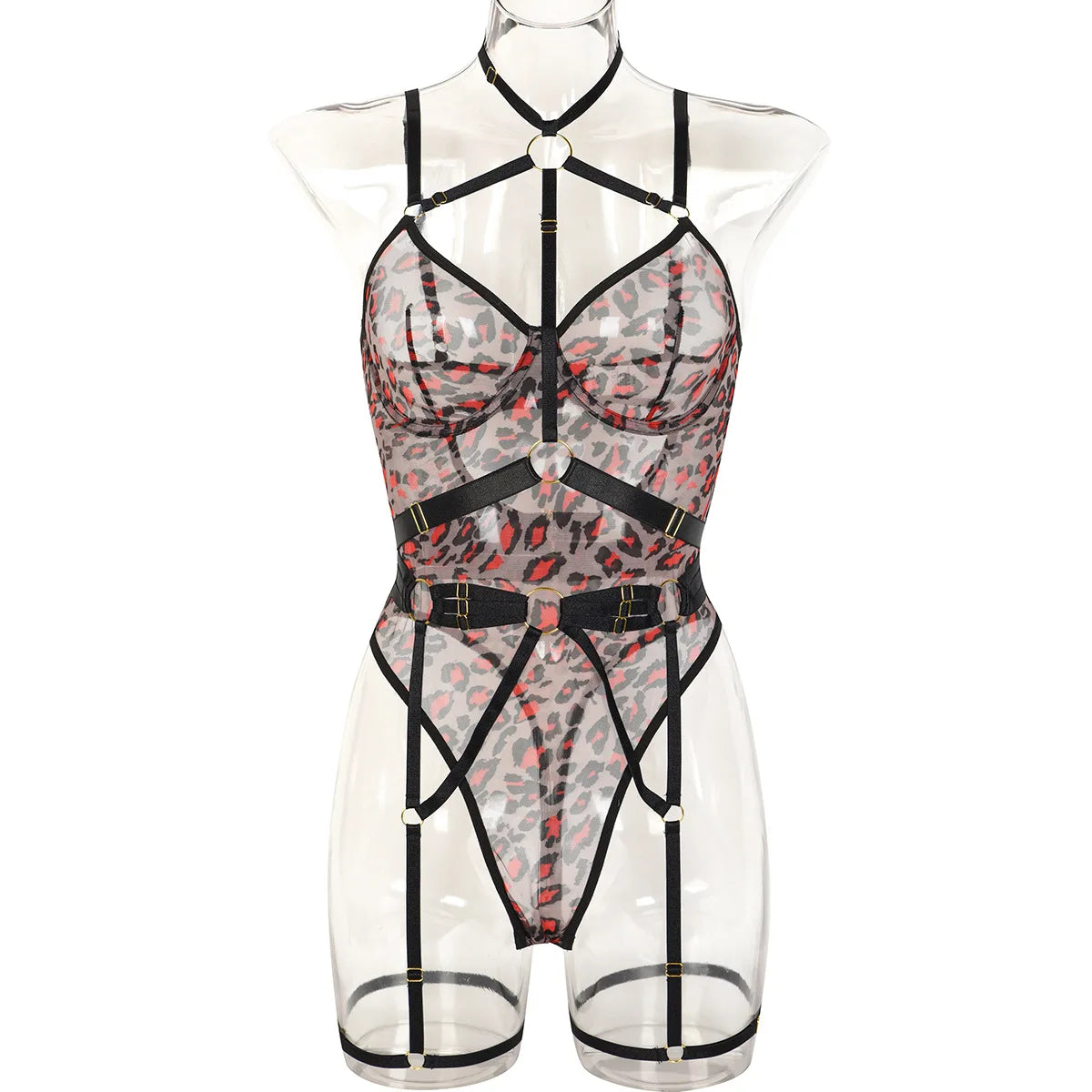 Toucheart Lingerie Leopard Print See-Through Mesh Strappy Underwire Garters Body-Shaping Bodysuit