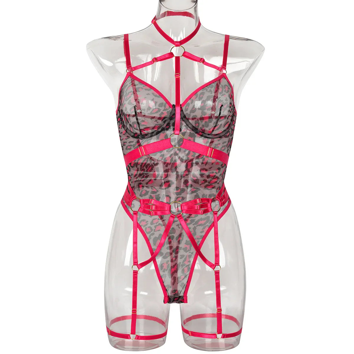 Toucheart Lingerie Leopard Print See-Through Mesh Strappy Underwire Garters Body-Shaping Bodysuit