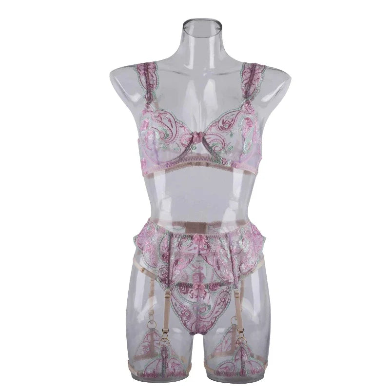 Toucheart Lingerie Garter Stockings Set Embroidered Push-Up Mesh See-Through Body Shaping Split Underwear Set