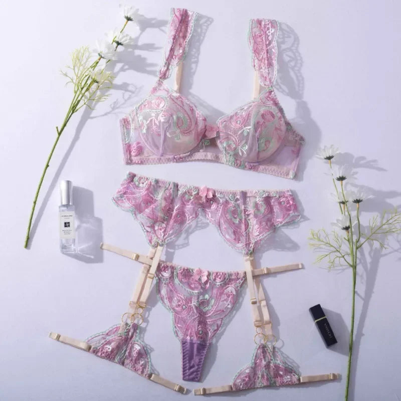 Toucheart Lingerie Garter Stockings Set Embroidered Push-Up Mesh See-Through Body Shaping Split Underwear Set