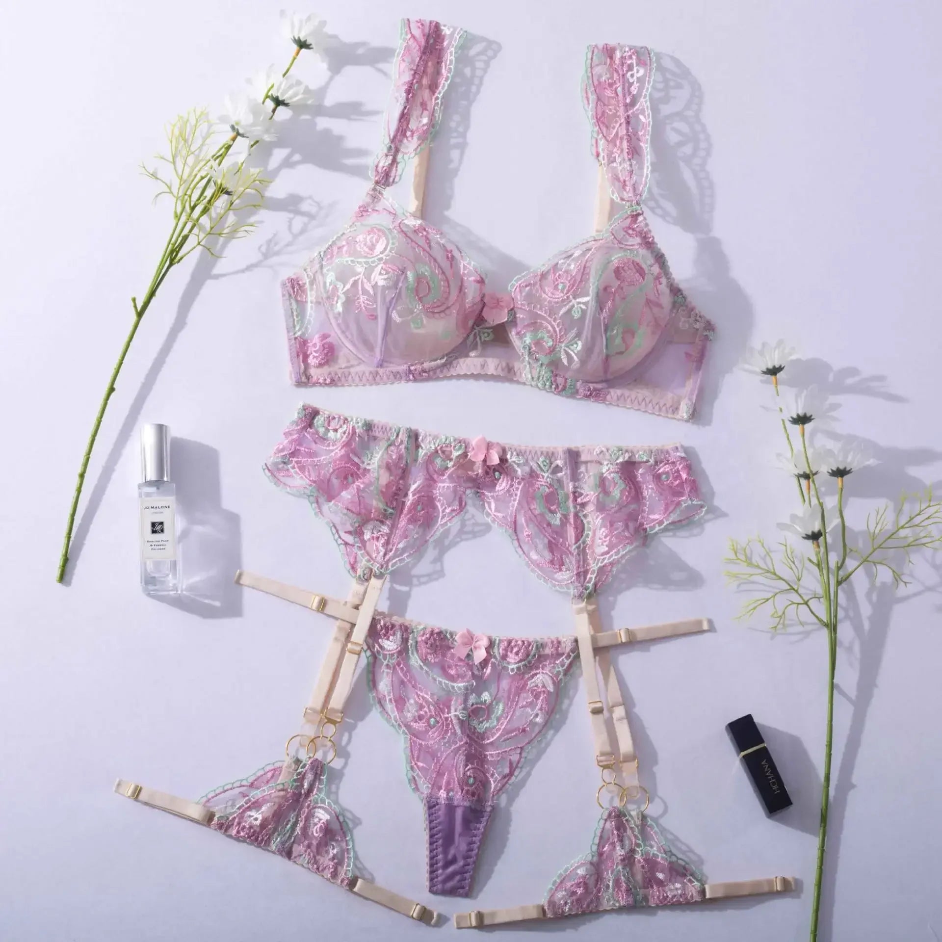 Toucheart Lingerie Garter Stockings Set Embroidered Push-Up Mesh See-Through Body Shaping Split Underwear Set