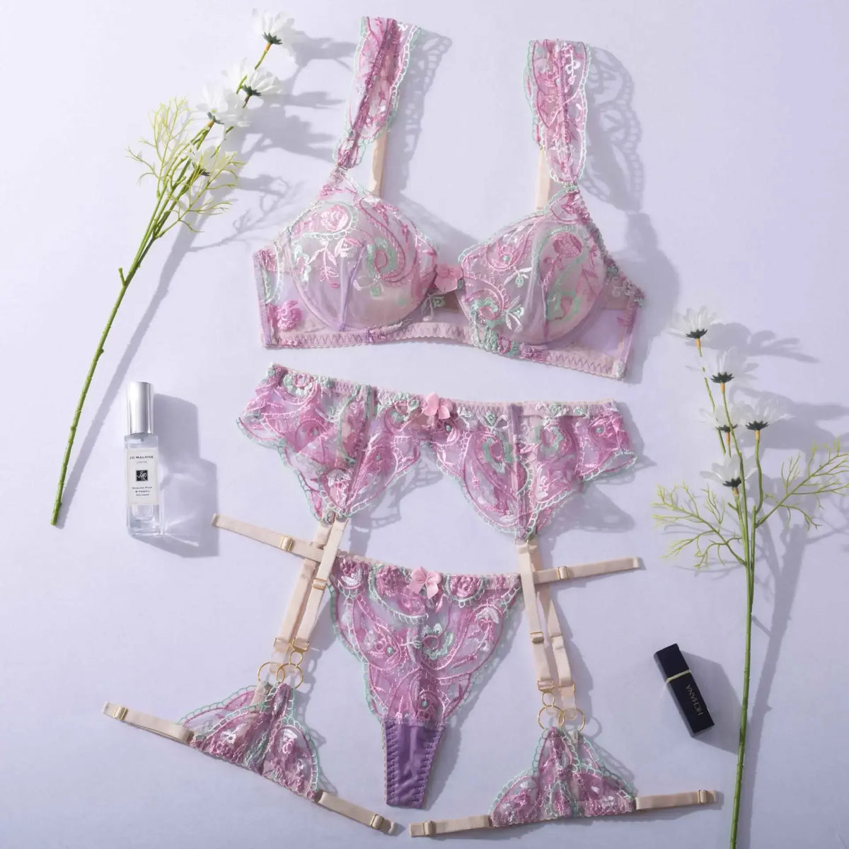 Toucheart Lingerie Garter Stockings Set Embroidered Push-Up Mesh See-Through Body Shaping Split Underwear Set