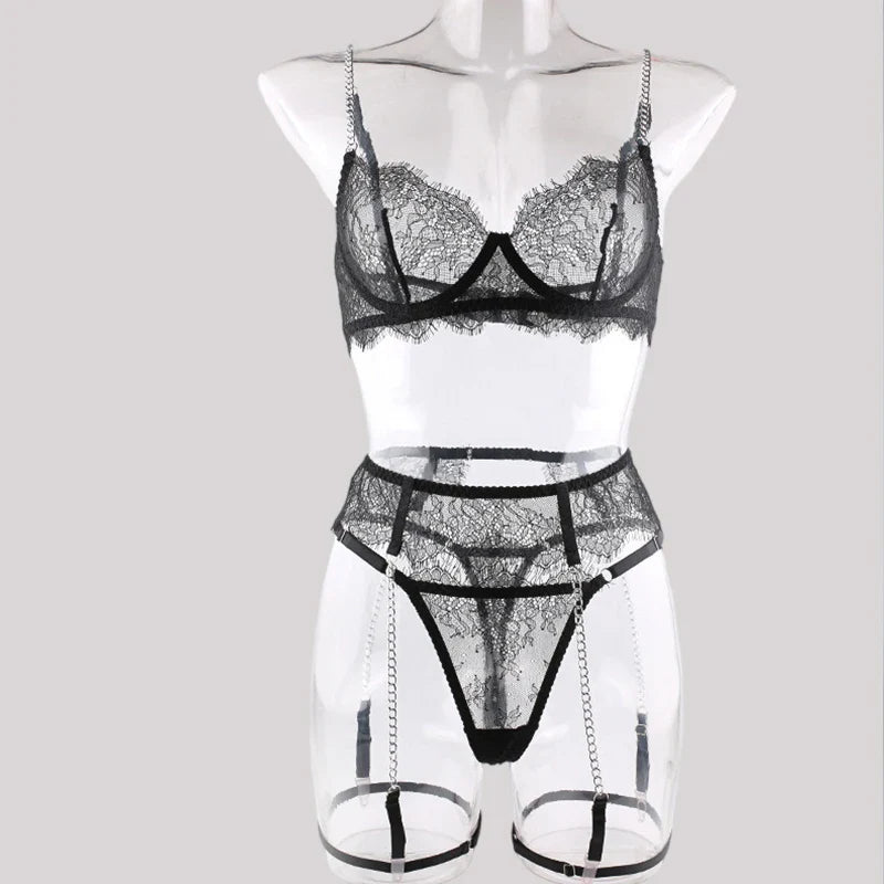 Toucheart Lingerie Lace Metal Chain With Garter Belt Set Bodysuit Perspective Underwear Porn Lace Sleepwear Set